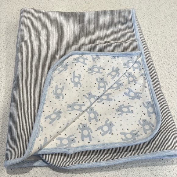 Snugababy Baby Blanket White gray striped blue Bears Reversible Cotton - Picture 1 of 8